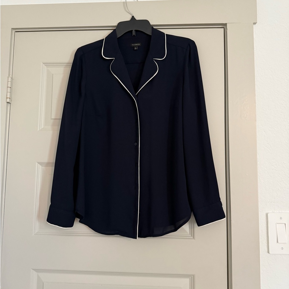 Talbots Dark Blue Blouse with Light Trim